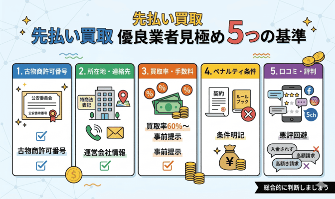 先払い買取の優良業者を見極める5つの判断基準
