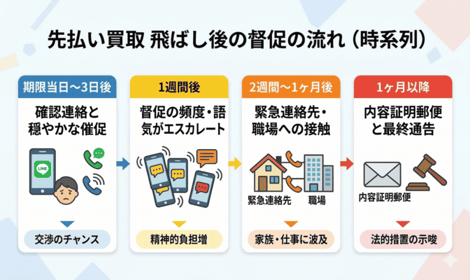 先払い買取の飛ばし後に届く督促の流れを時系列で解説